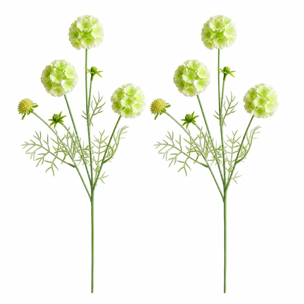 Artificial Scabiosa Flower Stems Green White Faux Wildflower Cottage Floral Filler 24 Inch Stem Set of 2