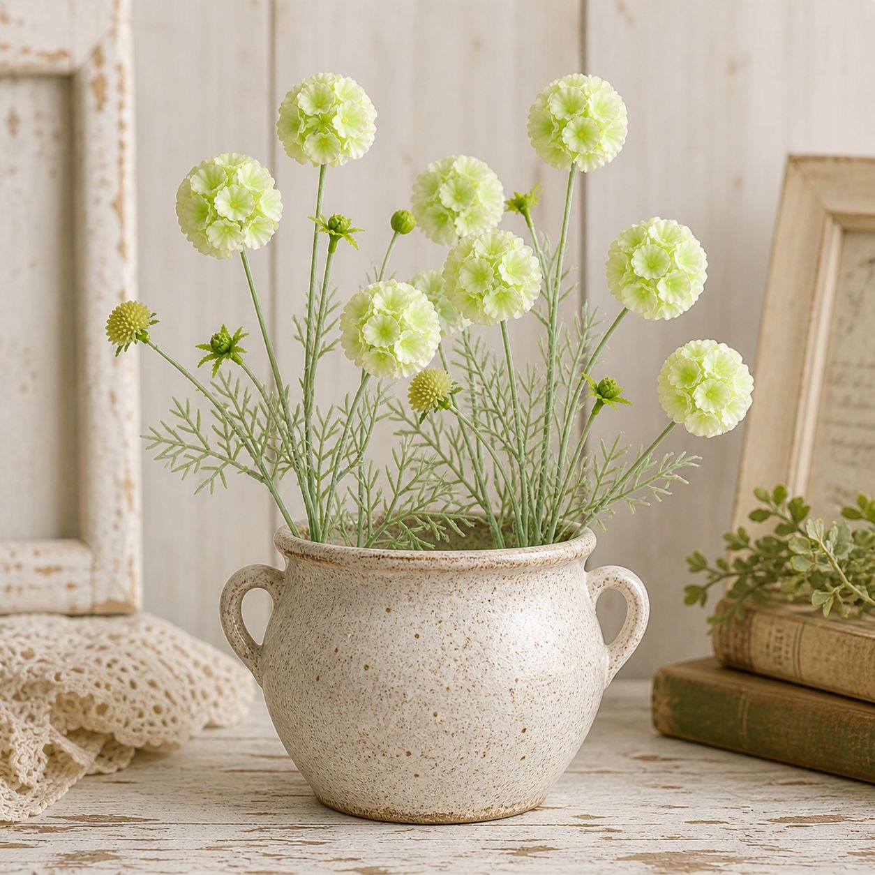 Artificial Scabiosa Flower Stems Green White Faux Wildflower Cottage Floral Filler 24 Inch Stem Set of 2