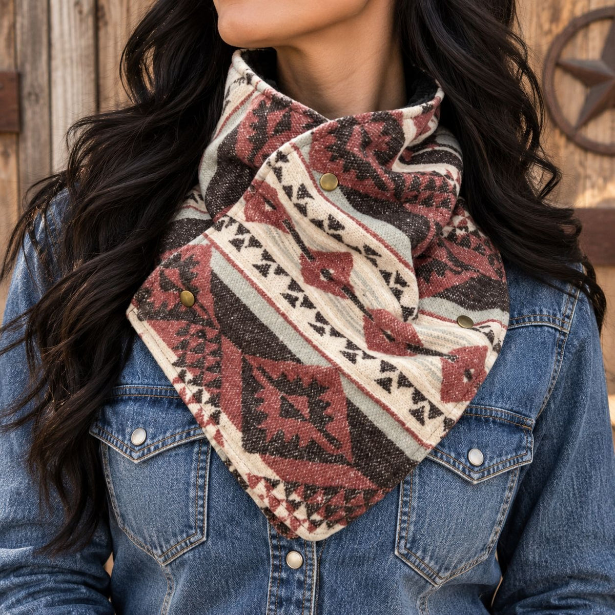 Southwestern Cowl Neck Warmer Scarf 36 x 9.5 Inch Beige Fleece Cowgirl
