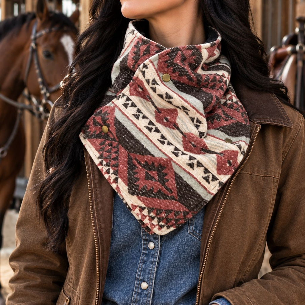 Southwestern Cowl Neck Warmer Scarf 36 x 9.5 Inch Beige Fleece Cowgirl
