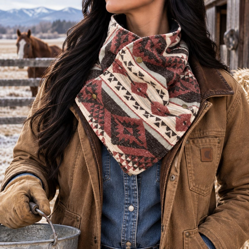 Southwestern Cowl Neck Warmer Scarf 36 x 9.5 Inch Beige Fleece Cowgirl