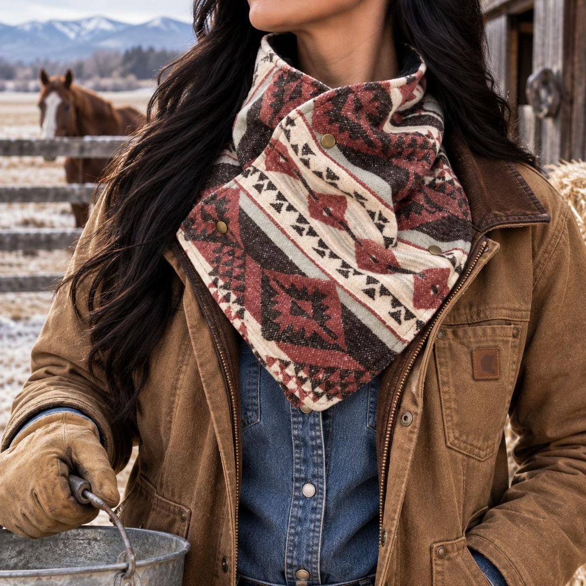Southwestern Cowl Neck Warmer Scarf 36 x 9.5 Inch Beige Fleece Cowgirl