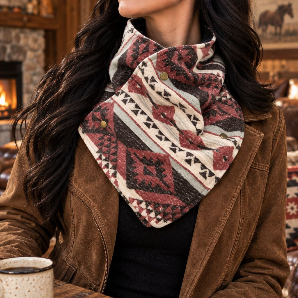 Southwestern Cowl Neck Warmer Scarf 36 x 9.5 Inch Beige Fleece Cowgirl