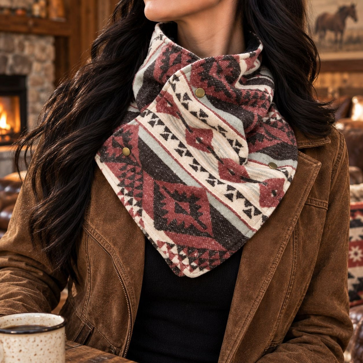Southwestern Cowl Neck Warmer Scarf 36 x 9.5 Inch Beige Fleece Cowgirl