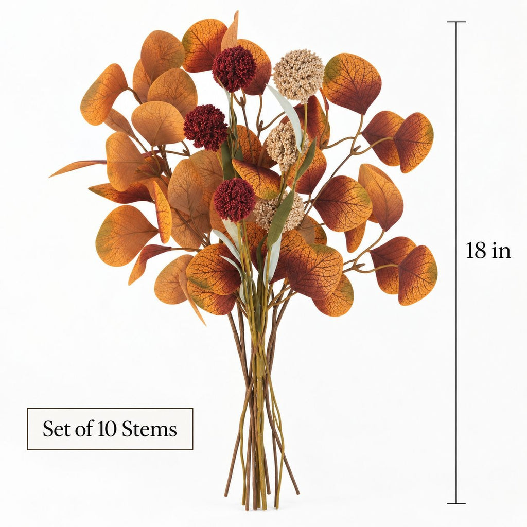 Fall Eucalyptus Stems with Billy Balls, Set of 10, 18 Inch Faux Filler