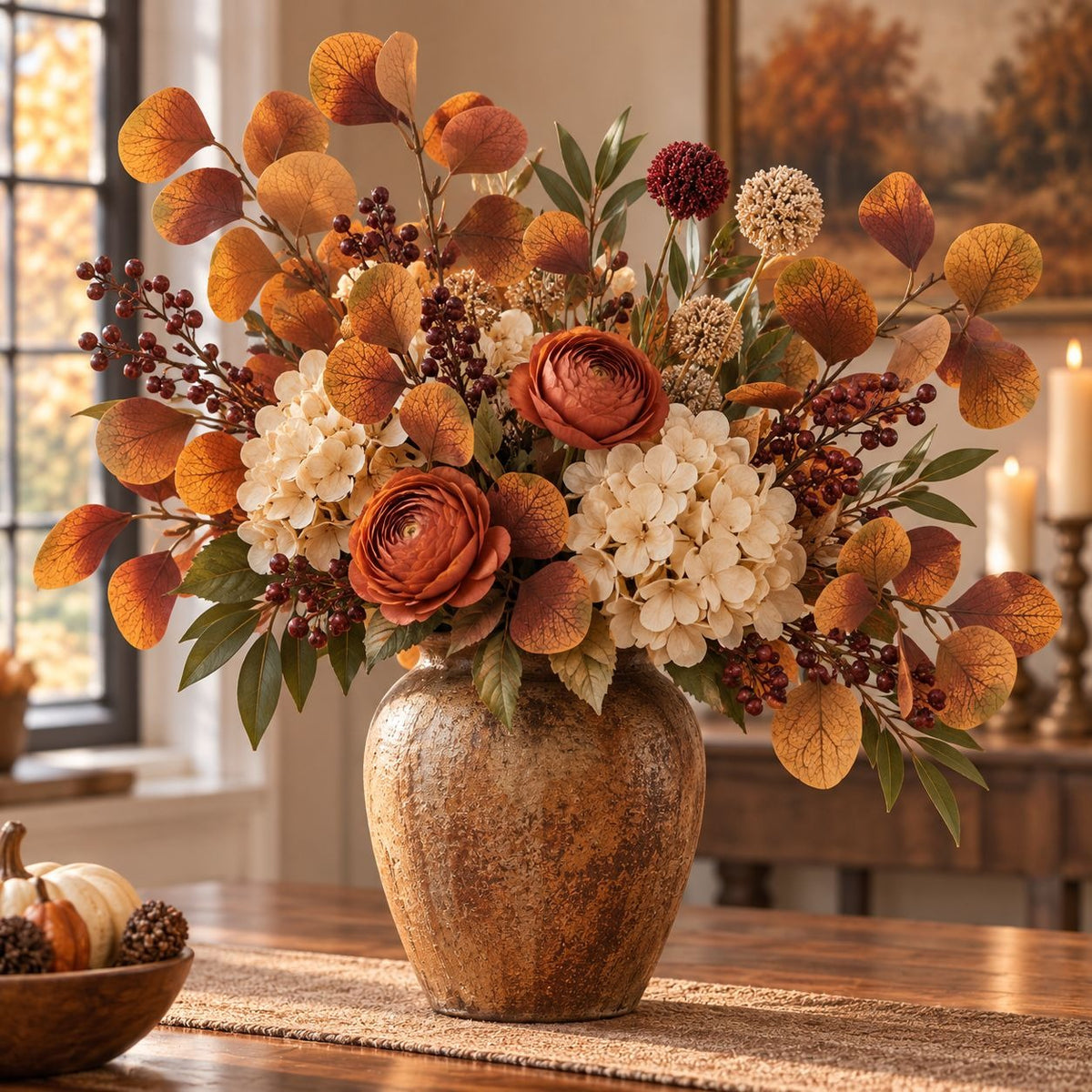 Fall Eucalyptus Stems with Billy Balls, Set of 10, 18 Inch Faux Filler