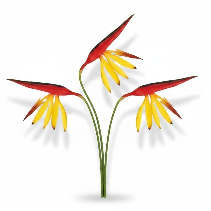 Corkwaw Bird of Paradise Stems Set of 3, Soft Touch Red Yellow Tropical Faux Flowers, Resort Style Coastal Vase Decor