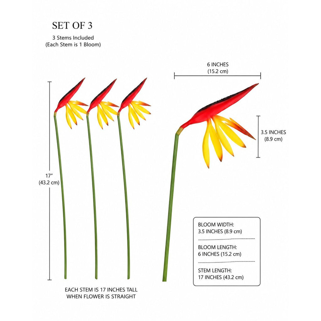 Corkwaw Bird of Paradise Stems Set of 3, Soft Touch Red Yellow Tropical Faux Flowers, Resort Style Coastal Vase Decor