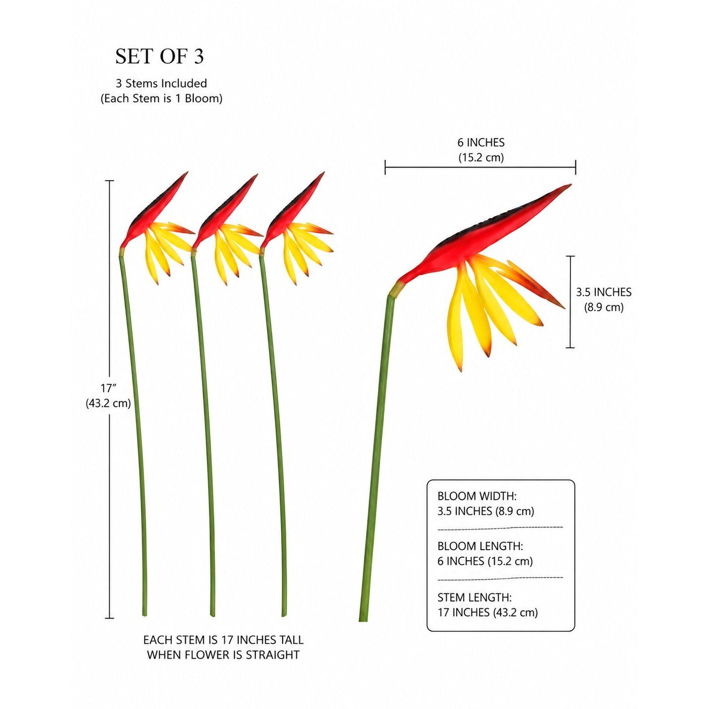 Corkwaw Bird of Paradise Stems Set of 3, Soft Touch Red Yellow Tropical Faux Flowers, Resort Style Coastal Vase Decor