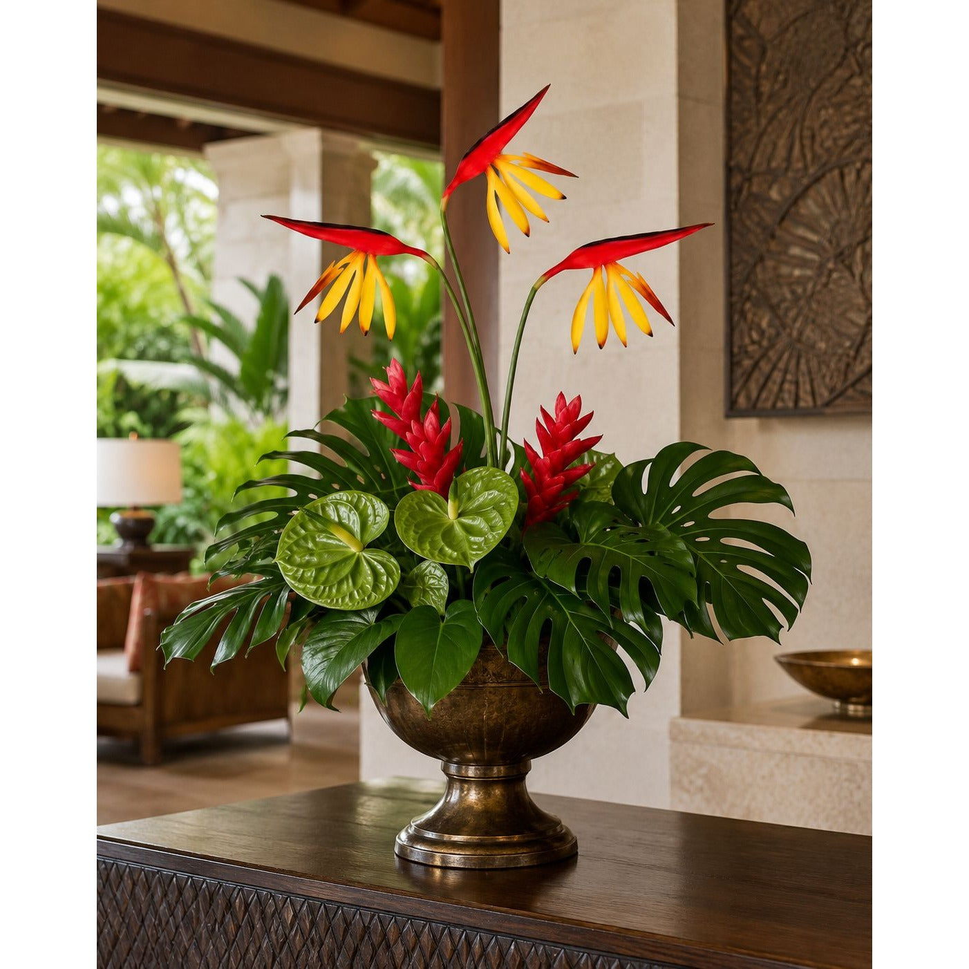 Corkwaw Bird of Paradise Stems Set of 3, Soft Touch Red Yellow Tropical Faux Flowers, Resort Style Coastal Vase Decor