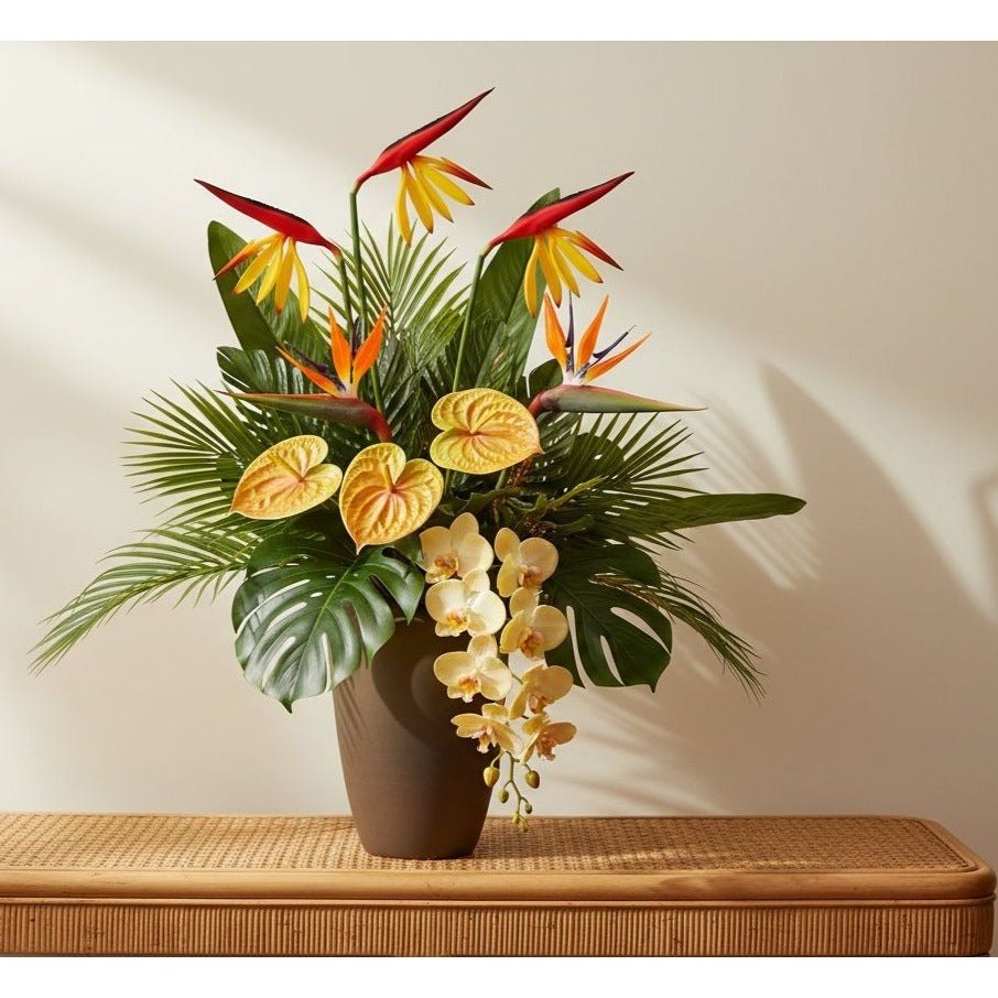 Corkwaw Bird of Paradise Stems Set of 3, Soft Touch Red Yellow Tropical Faux Flowers, Resort Style Coastal Vase Decor