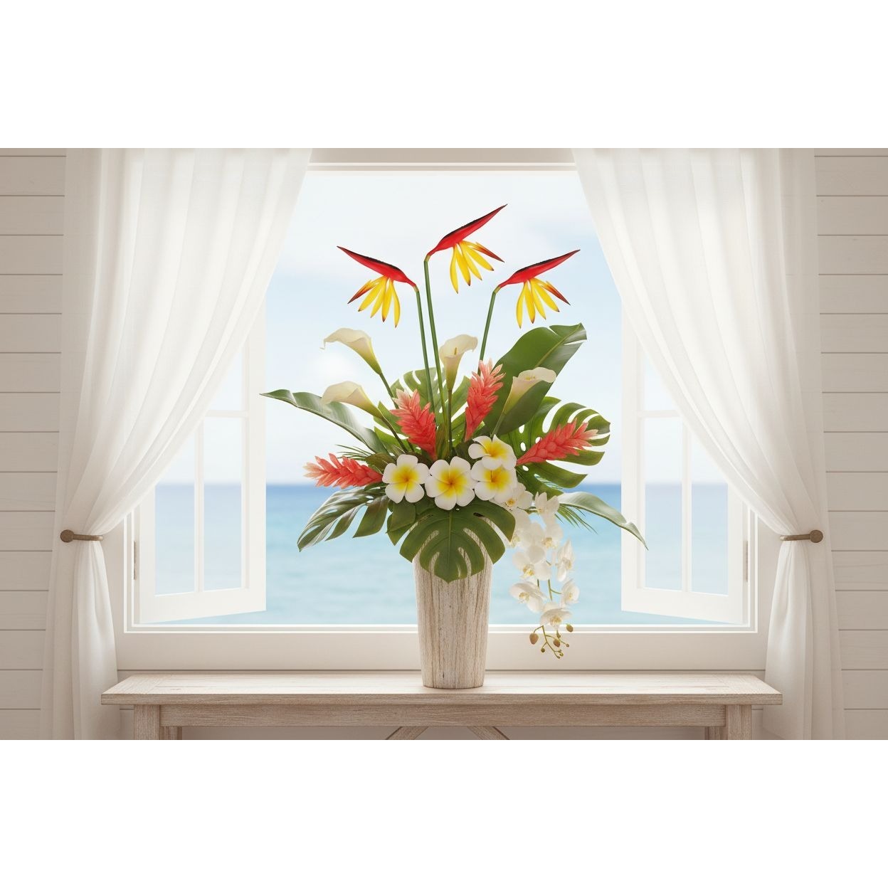 Corkwaw Bird of Paradise Stems Set of 3, Soft Touch Red Yellow Tropical Faux Flowers, Resort Style Coastal Vase Decor