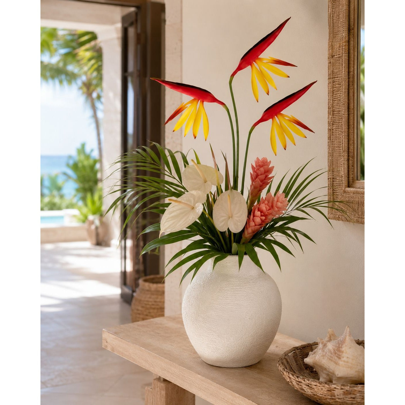 Corkwaw Bird of Paradise Stems Set of 3, Soft Touch Red Yellow Tropical Faux Flowers, Resort Style Coastal Vase Decor