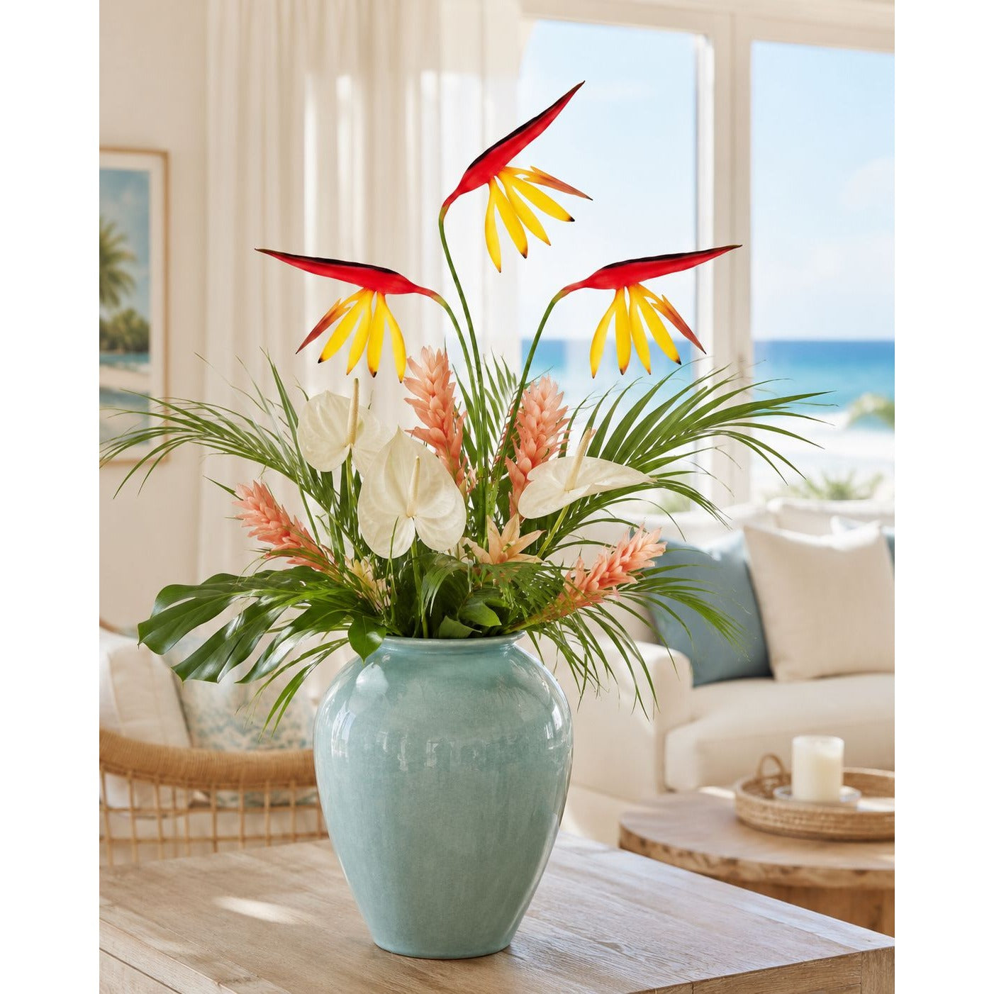 Corkwaw Bird of Paradise Stems Set of 3, Soft Touch Red Yellow Tropical Faux Flowers, Resort Style Coastal Vase Decor