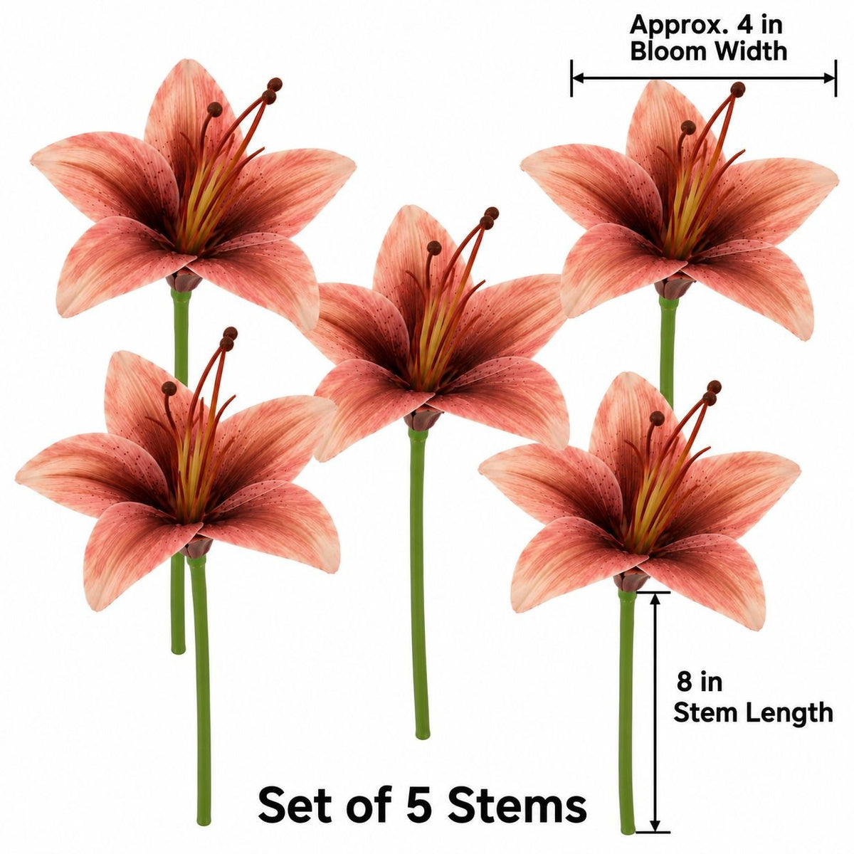Five artificial lily-of-the-valley style flowers on green stems, shown on a white background with measurement callouts for bloom width and stem length and text reading 'Set of 5 Stems' and 'Approx. 4 in Bloom Width' / '8 in Stem Length'.