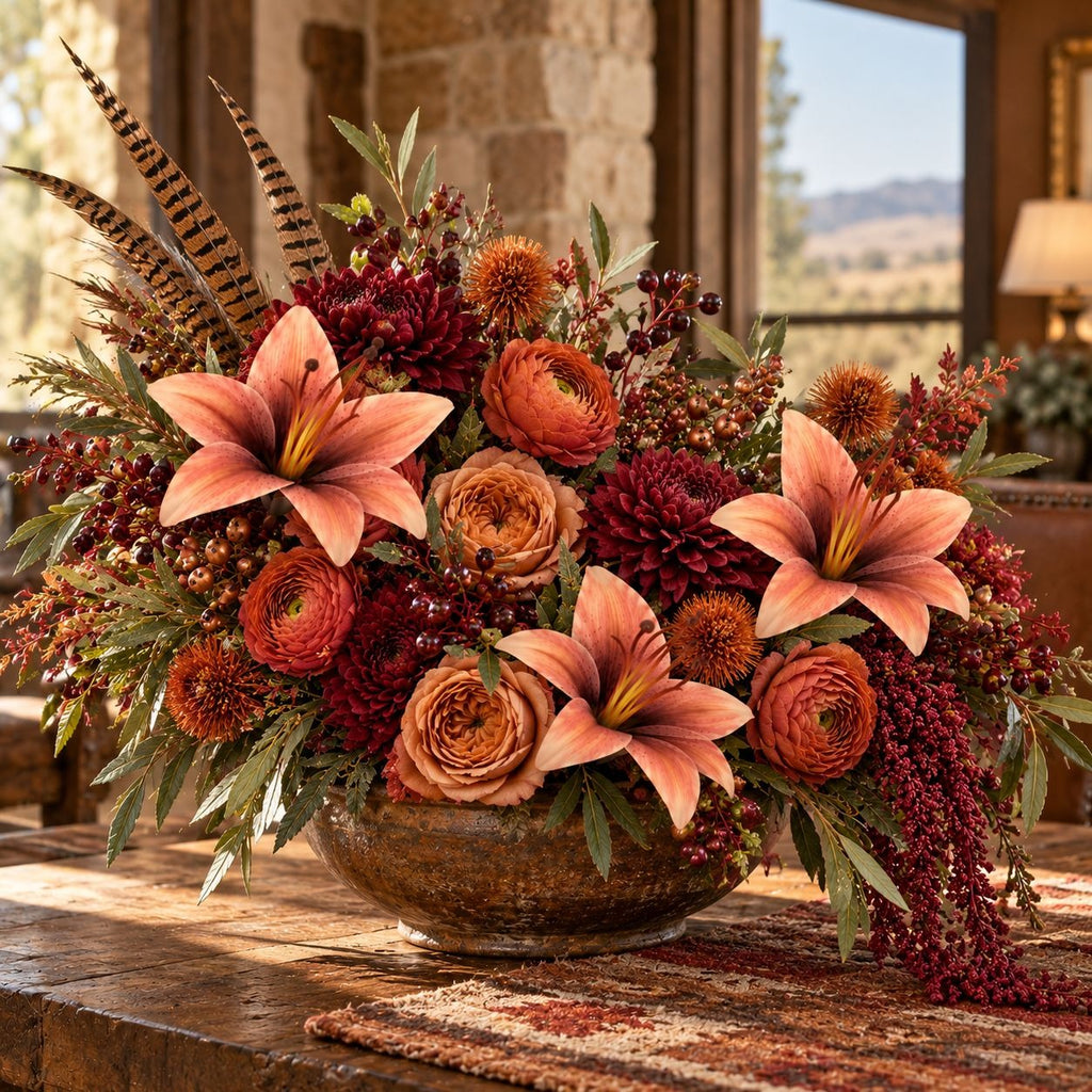 A large autumn floral arrangement in a rustic brown ceramic bowl, featuring peach-orange lilies, burgundy roses, red berries, and tan feathers, displayed on a wooden table in a warm indoor setting.
