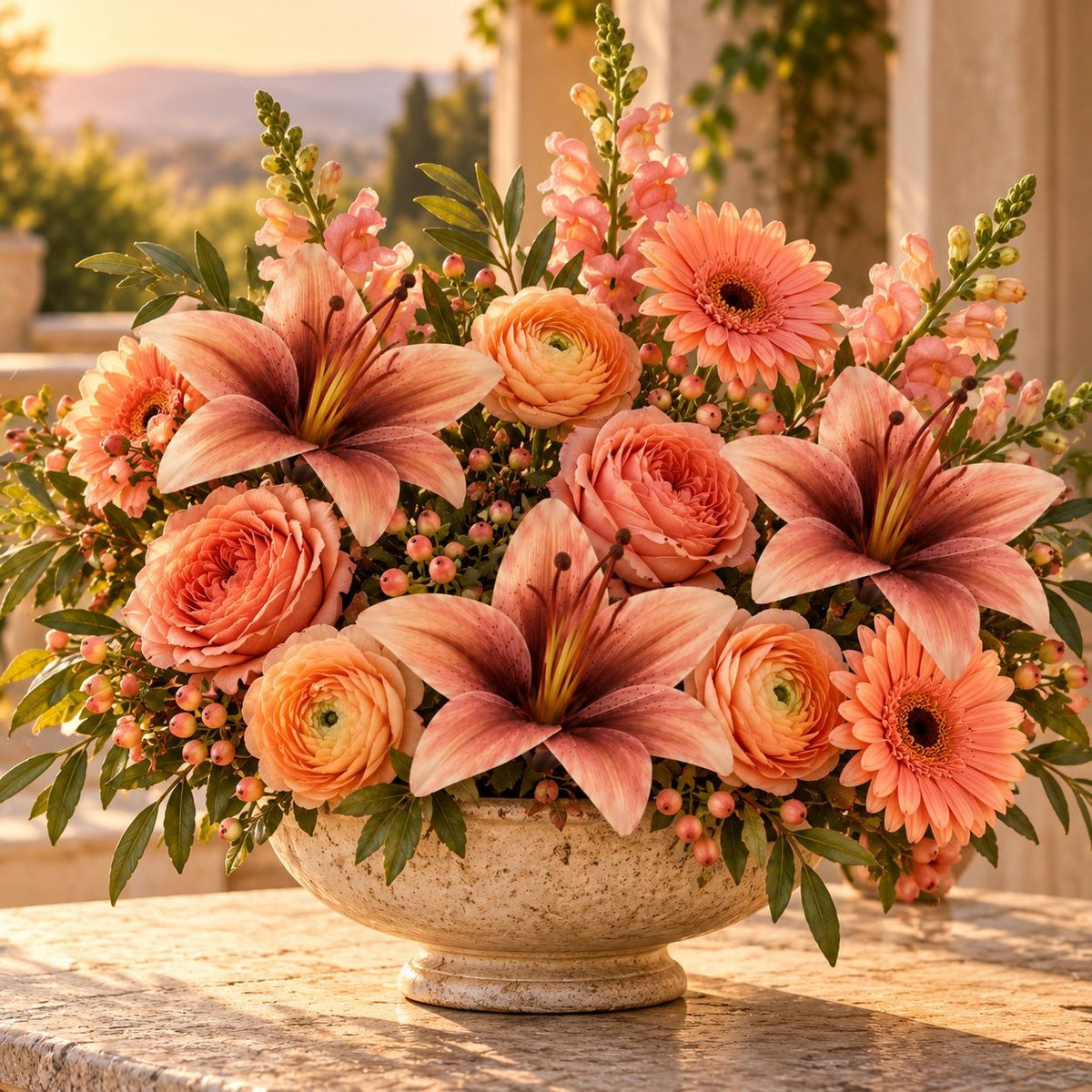 A large, vibrant artificial flower arrangement in a textured beige stone bowl, featuring pink and peach lilies, roses, ranunculus, and daisies, set on a stone ledge with a blurred outdoor background.