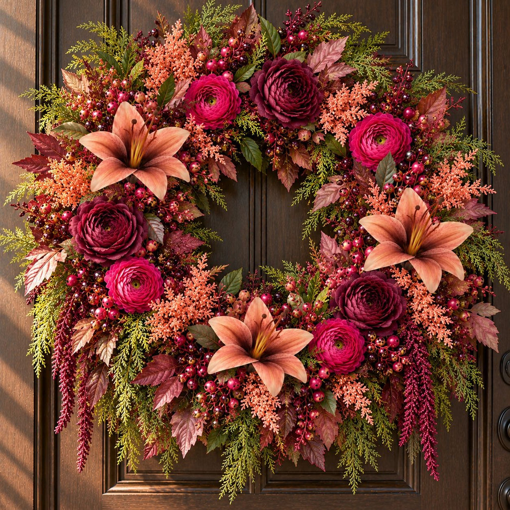 An autumn-themed floral wreath hanging on a dark brown wooden door. The wreath features peach lilies, deep magenta ranunculus, green and burgundy foliage, and clusters of small red berries.