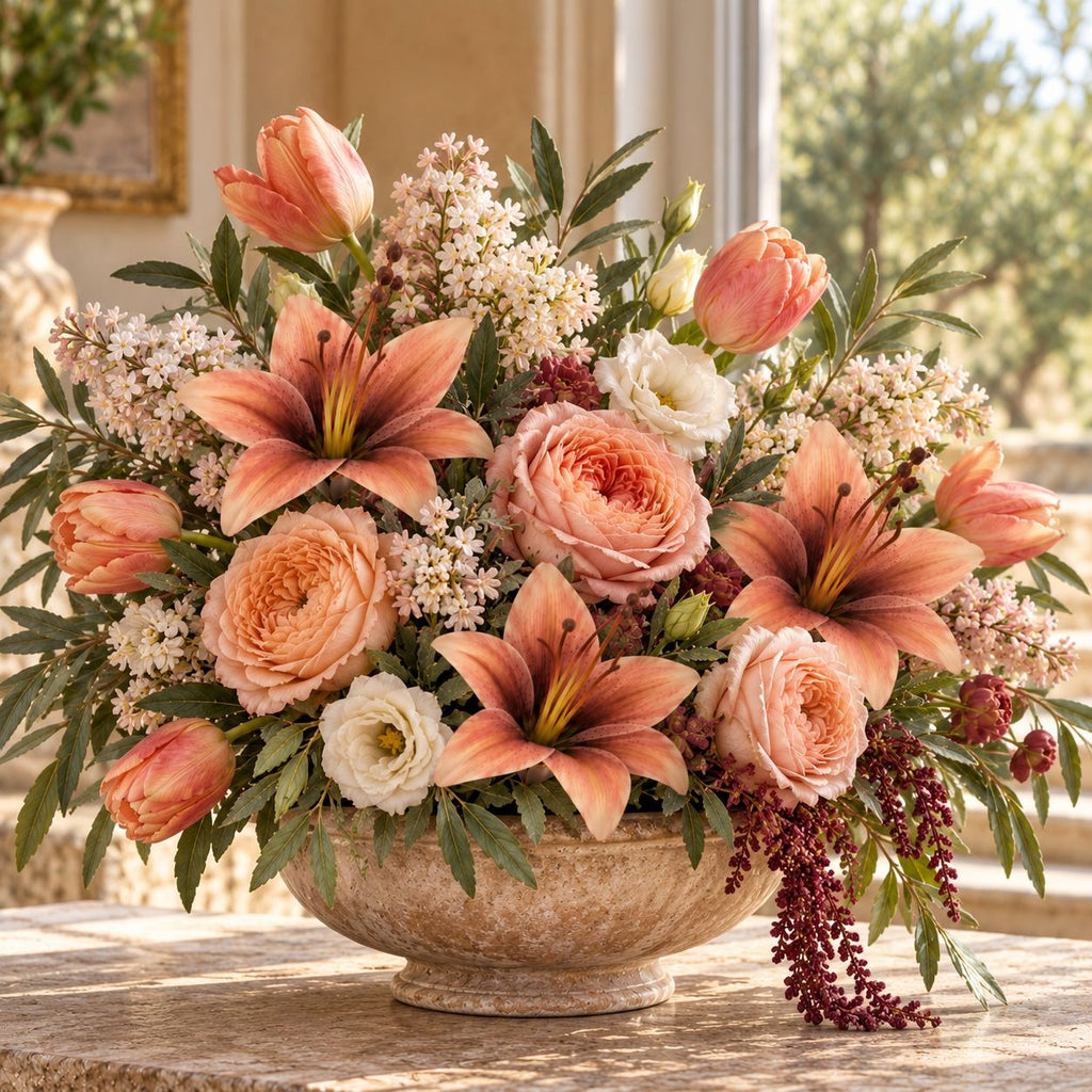 A large floral arrangement in a stone bowl vase, featuring peach and coral lilies, peach roses, white ranunculus, and green foliage, displayed on a stone ledge in a sunlit interior.