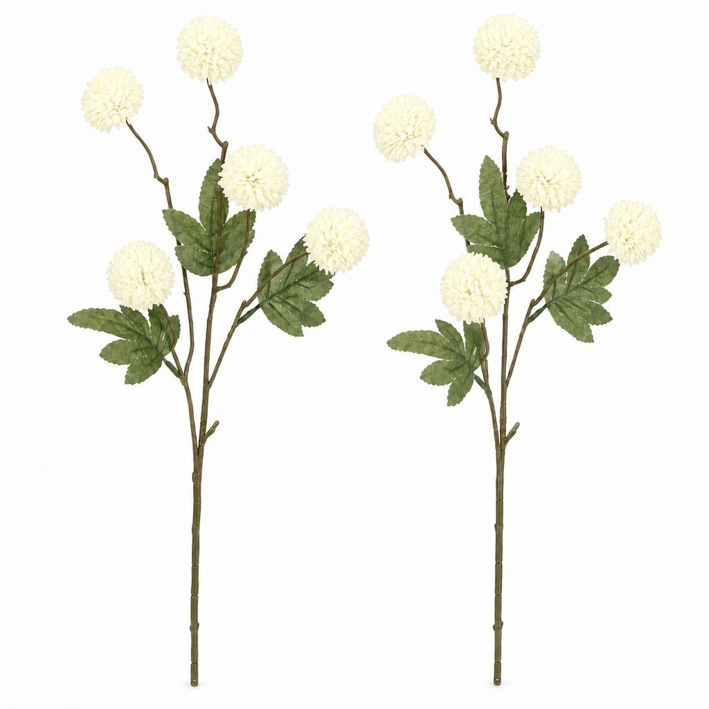 Warm Cream White Pom Pom Chrysanthemum Stems Set of 2, 20 Inch Artificial Silk Flowers
