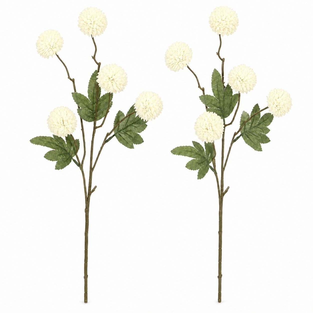 Warm Cream White Pom Pom Chrysanthemum Stems Set of 2, 20 Inch Artificial Silk Flowers