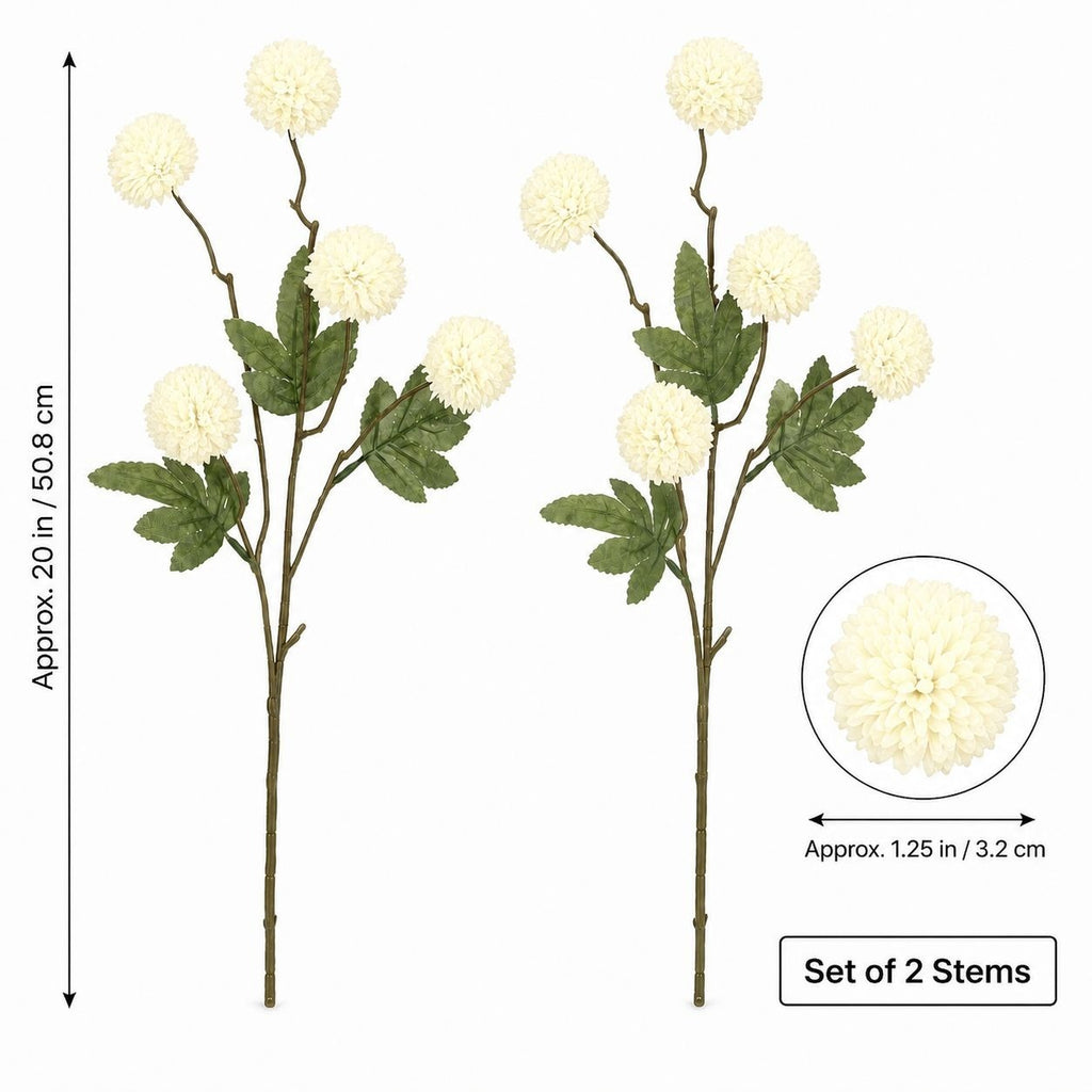 Warm Cream White Pom Pom Chrysanthemum Stems Set of 2, 20 Inch Artificial Silk Flowers