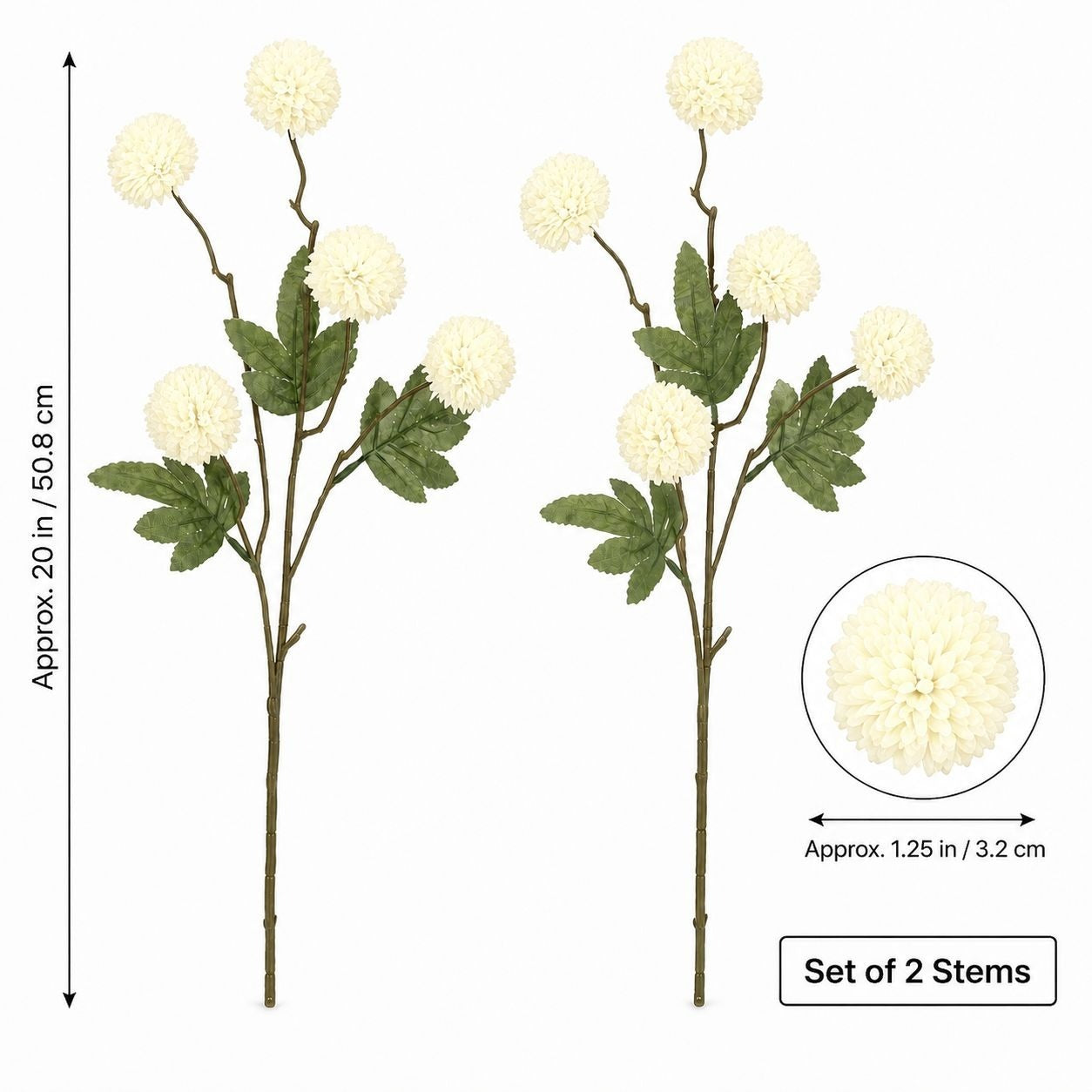 Warm Cream White Pom Pom Chrysanthemum Stems Set of 2, 20 Inch Artificial Silk Flowers
