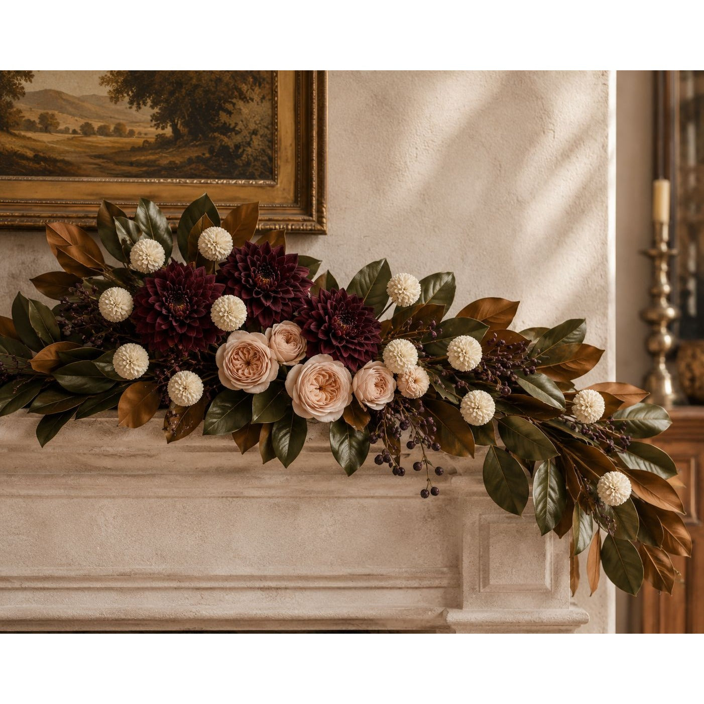 Warm Cream White Pom Pom Chrysanthemum Stems Set of 2, 20 Inch Artificial Silk Flowers
