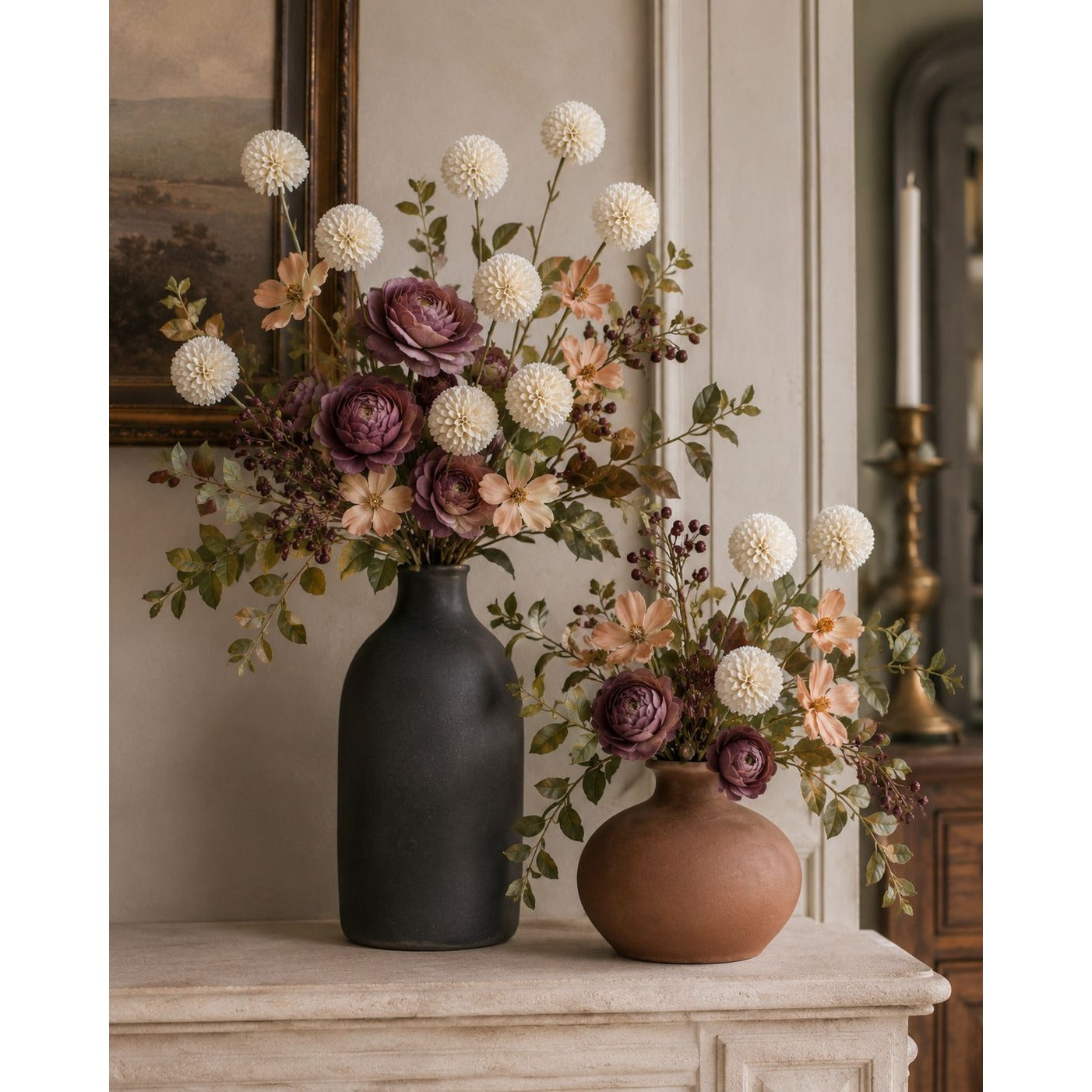 Warm Cream White Pom Pom Chrysanthemum Stems Set of 2, 20 Inch Artificial Silk Flowers