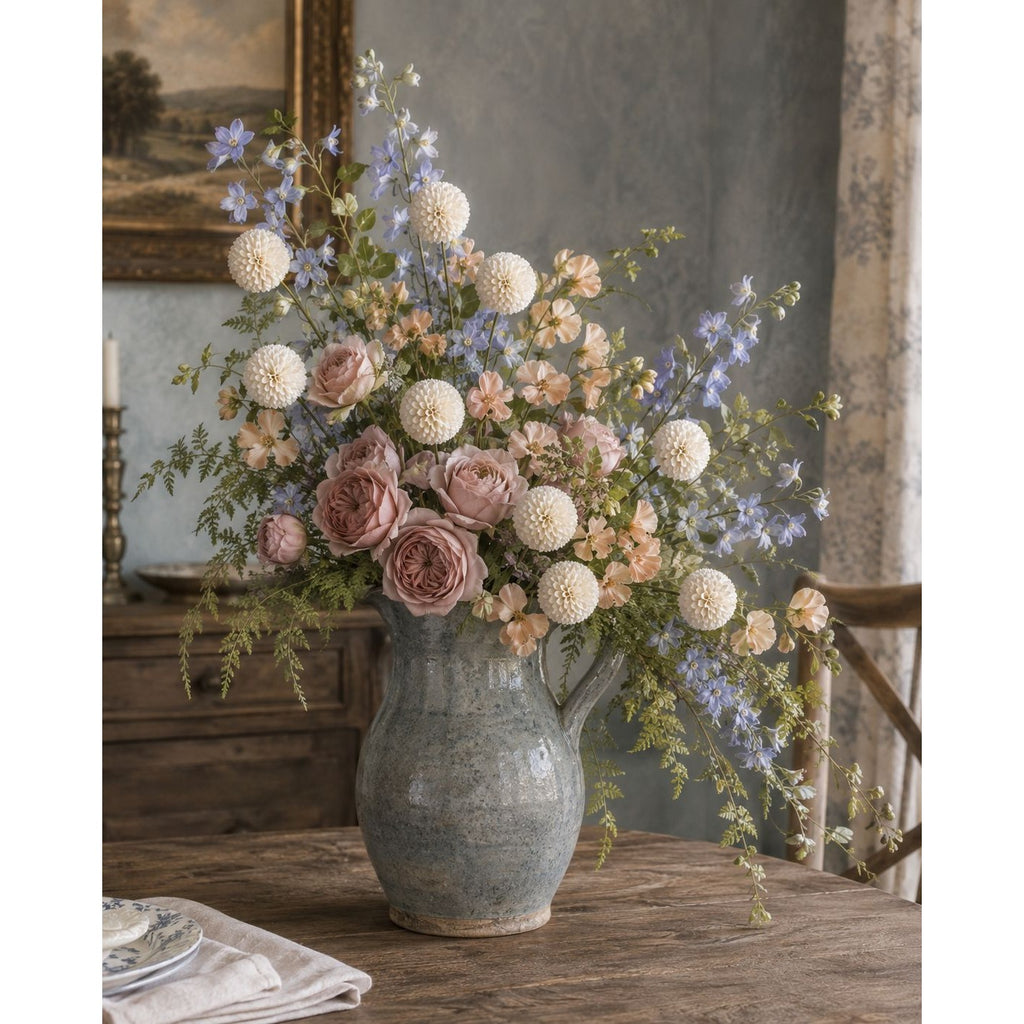 Warm Cream White Pom Pom Chrysanthemum Stems Set of 2, 20 Inch Artificial Silk Flowers