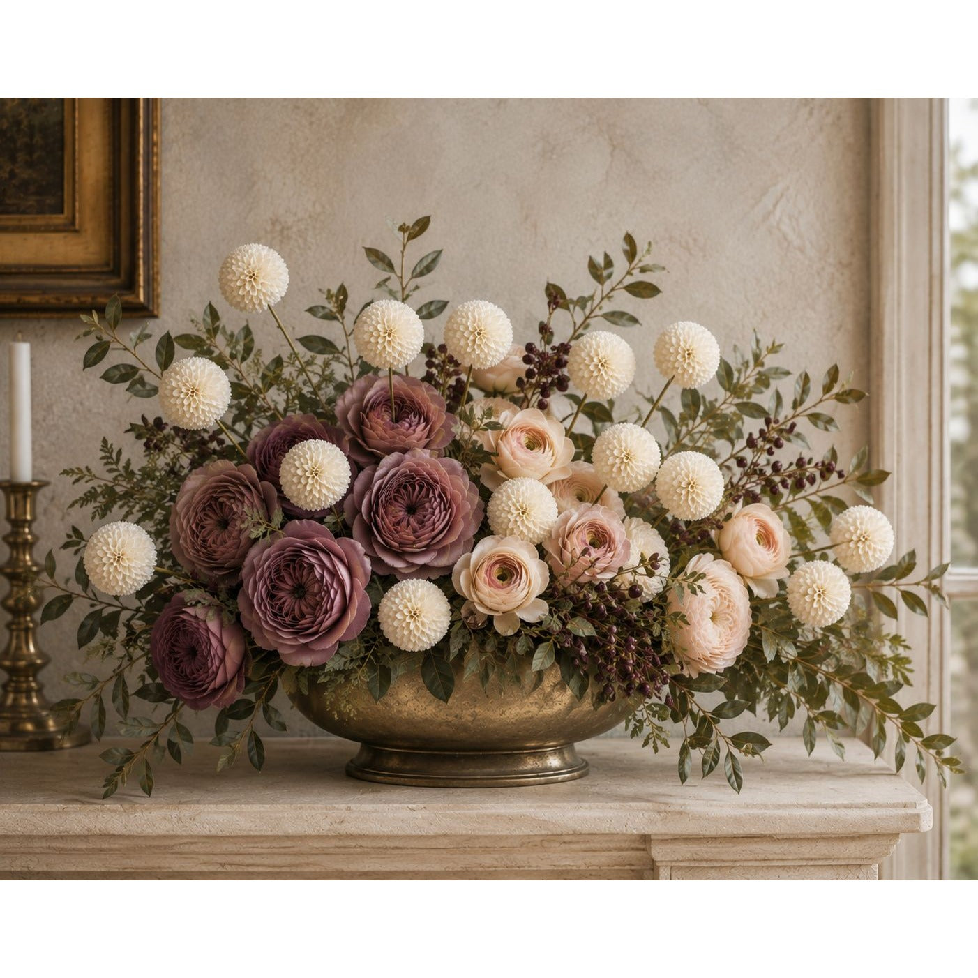Warm Cream White Pom Pom Chrysanthemum Stems Set of 2, 20 Inch Artificial Silk Flowers