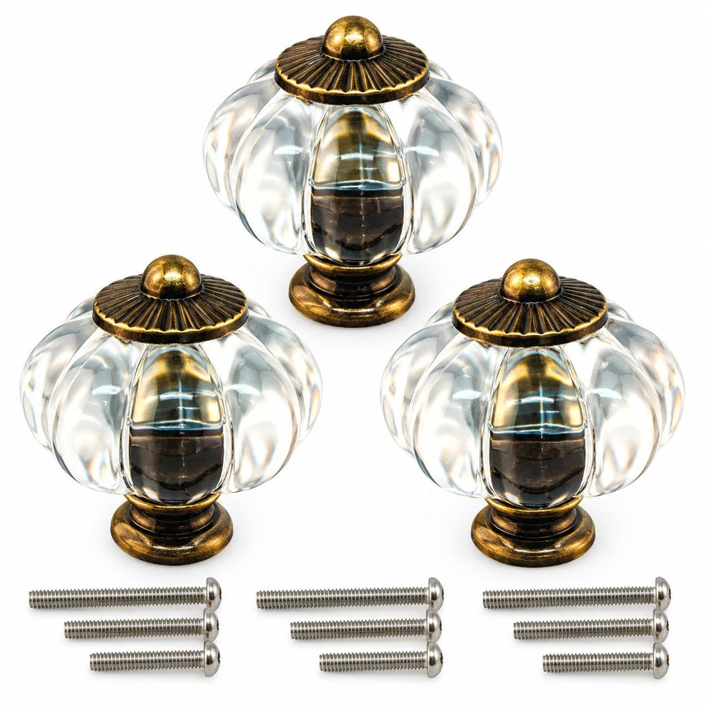 Clear Acrylic Pumpkin Cabinet Knobs Antique Bronze Set of 3 Drawer Pulls Hardware
