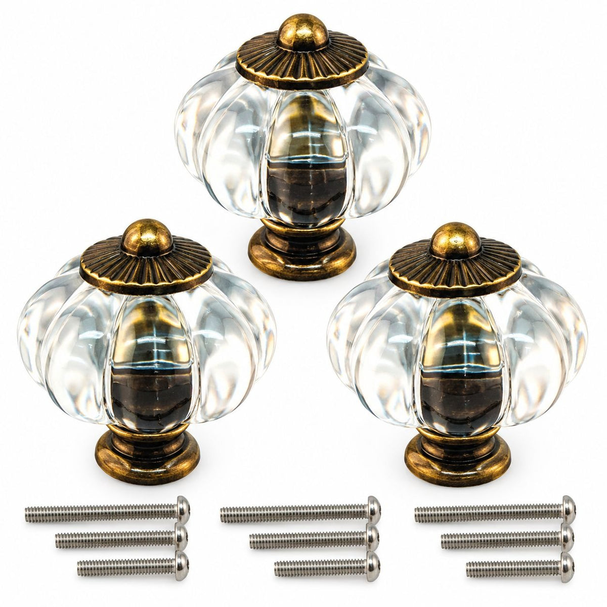 Clear Acrylic Pumpkin Cabinet Knobs Antique Bronze Set of 3 Drawer Pulls Hardware