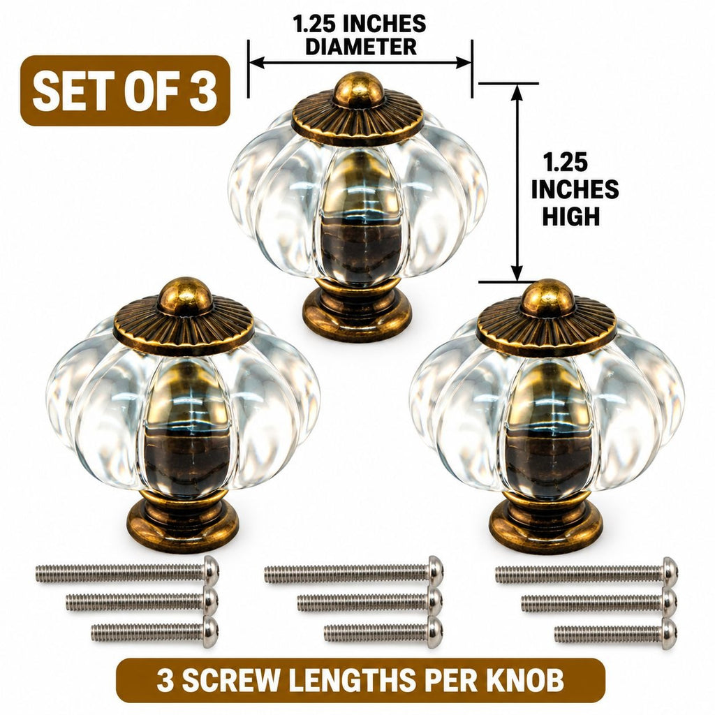 Clear Acrylic Pumpkin Cabinet Knobs Antique Bronze Set of 3 Drawer Pulls Hardware