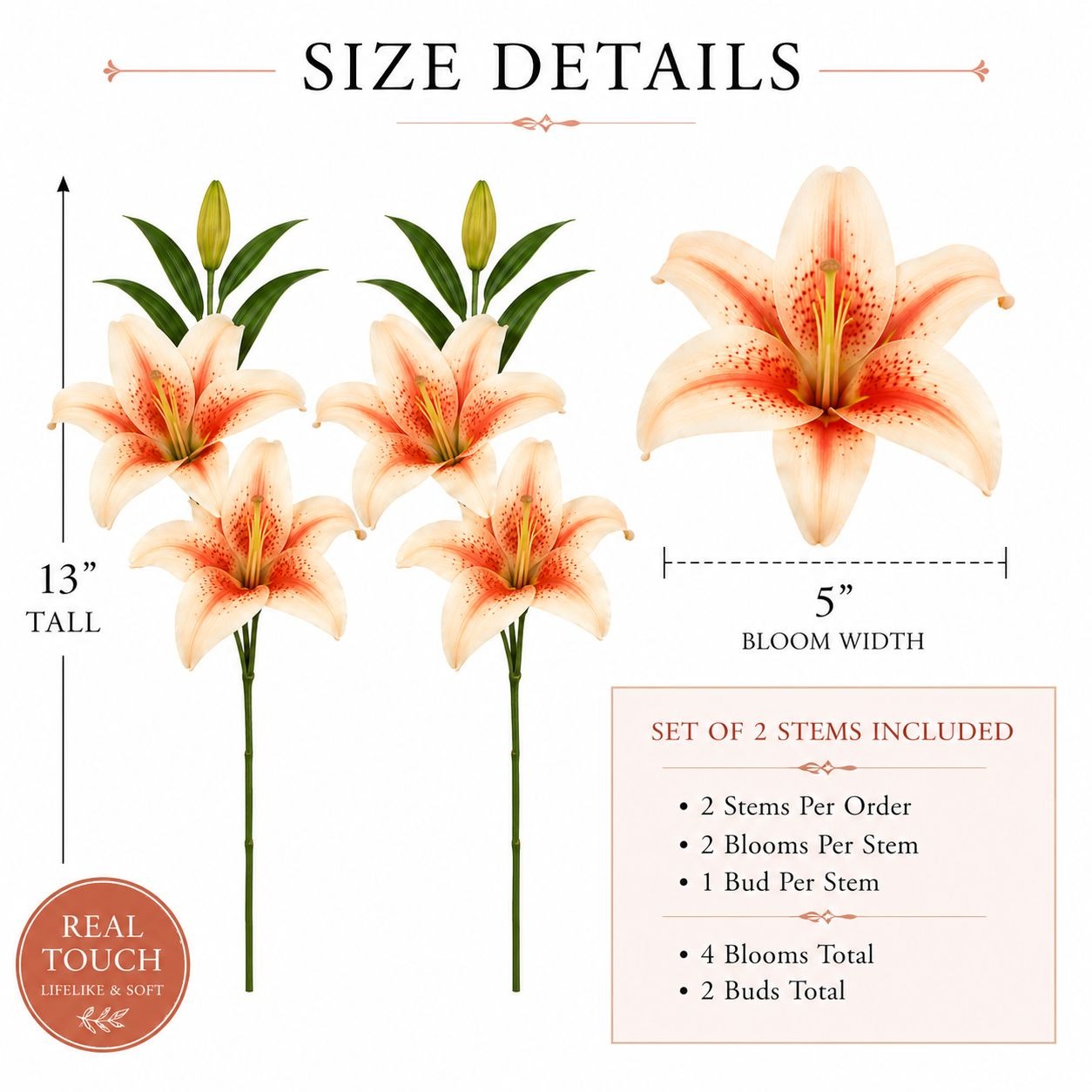 Size details of artificial flowers with measurements and product information.