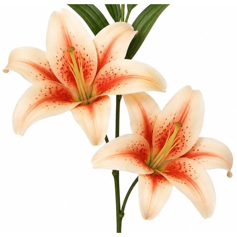 Two pink lilies with red spots on a white background