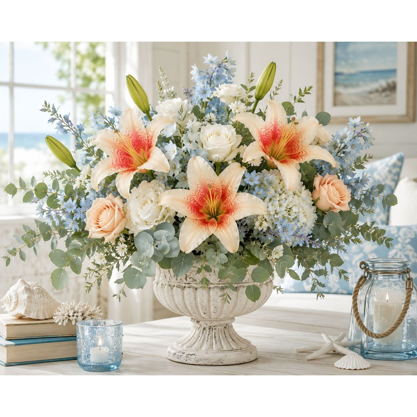 Floral arrangement in a decorative urn on a table with candles and books.