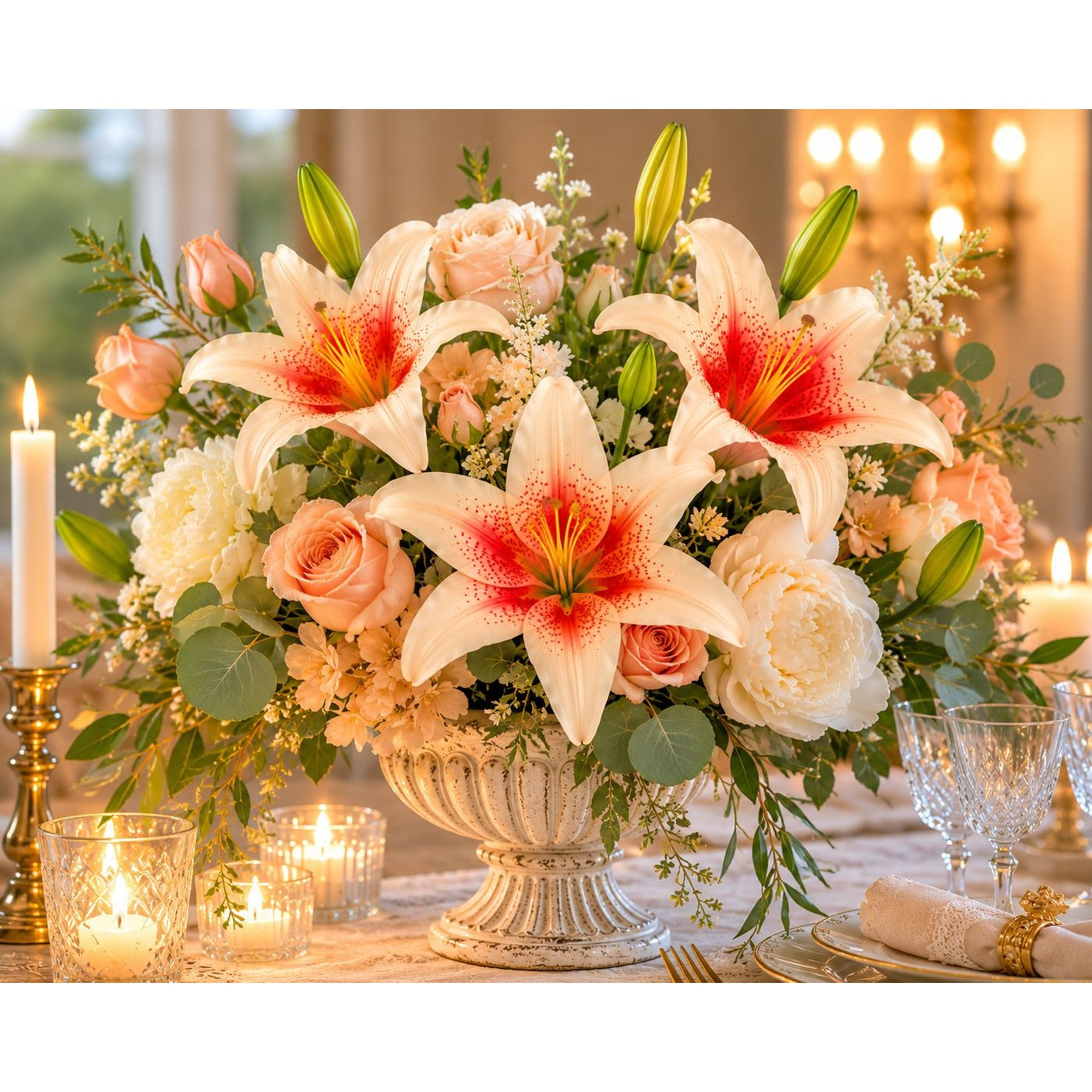 Floral arrangement with red and white flowers on a table with candles and glasses.