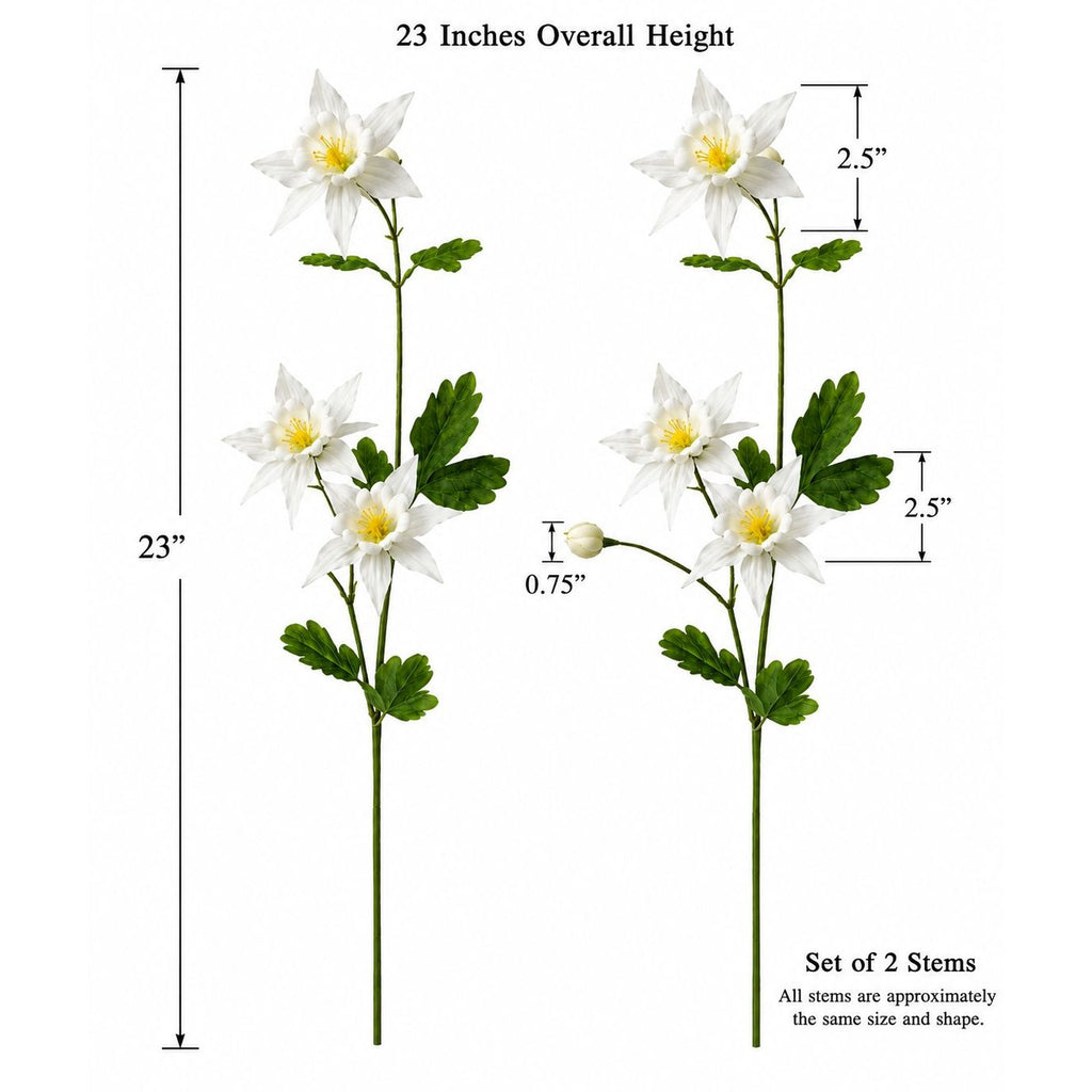 Two white artificial hydrangea stems with green leaves and yellow centers on a white background, with measurement labels showing overall height of 23 inches and bloom height of 2.5 inches.