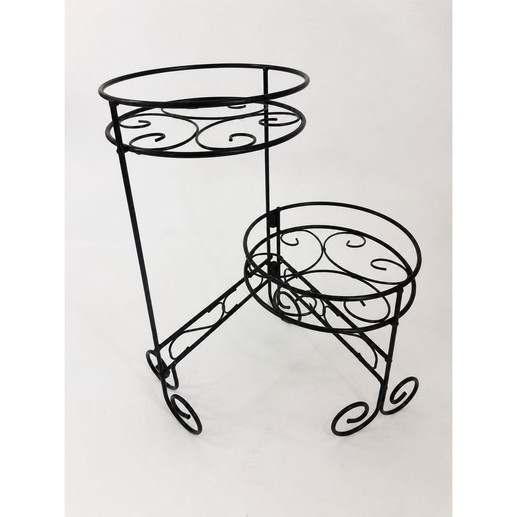 Black Metal Scrollwork 2-Tier Stand For Plants Or Food Display 16" Tall Sturdy Design