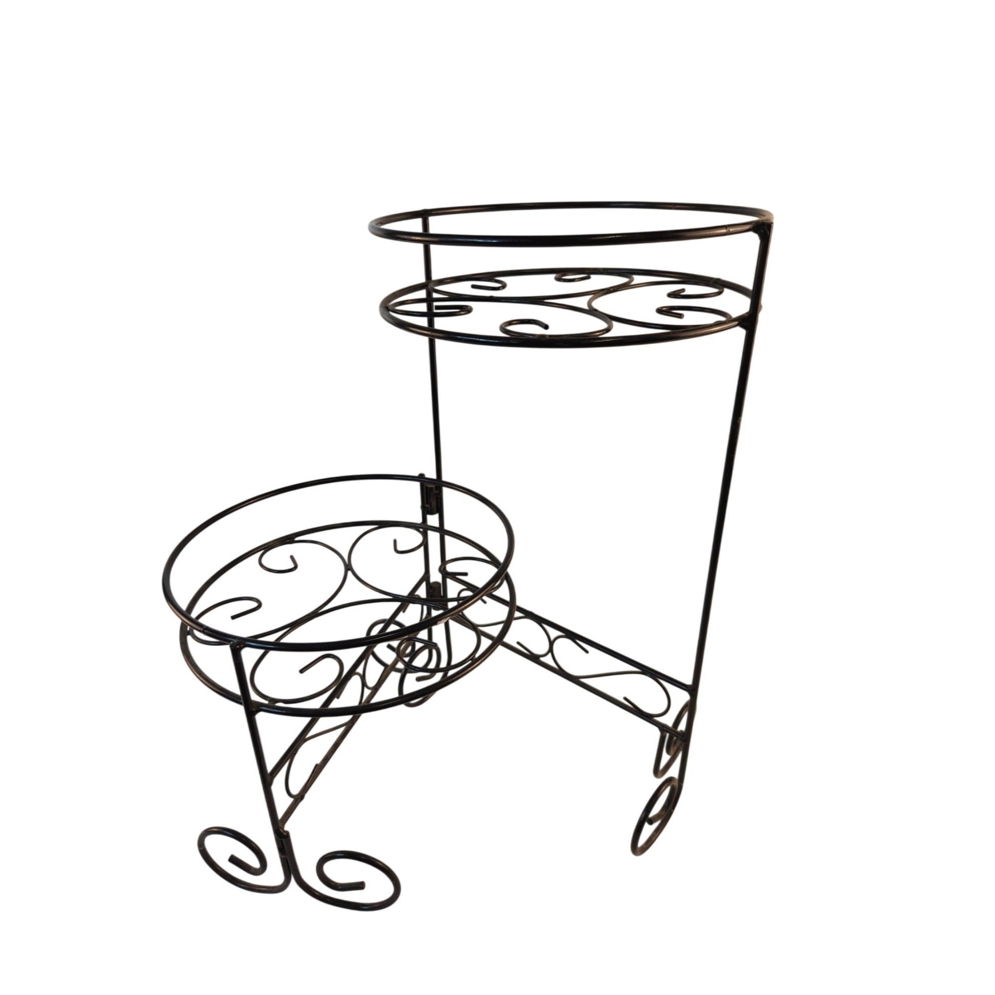 A black wrought iron double-tier plant stand with decorative scrollwork, shown against a plain white background.