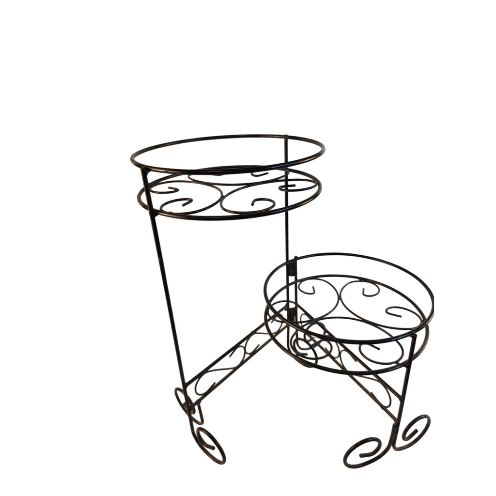 Black Metal Scrollwork 2-Tier Stand For Plants Or Food Display 16" Tall Sturdy Design