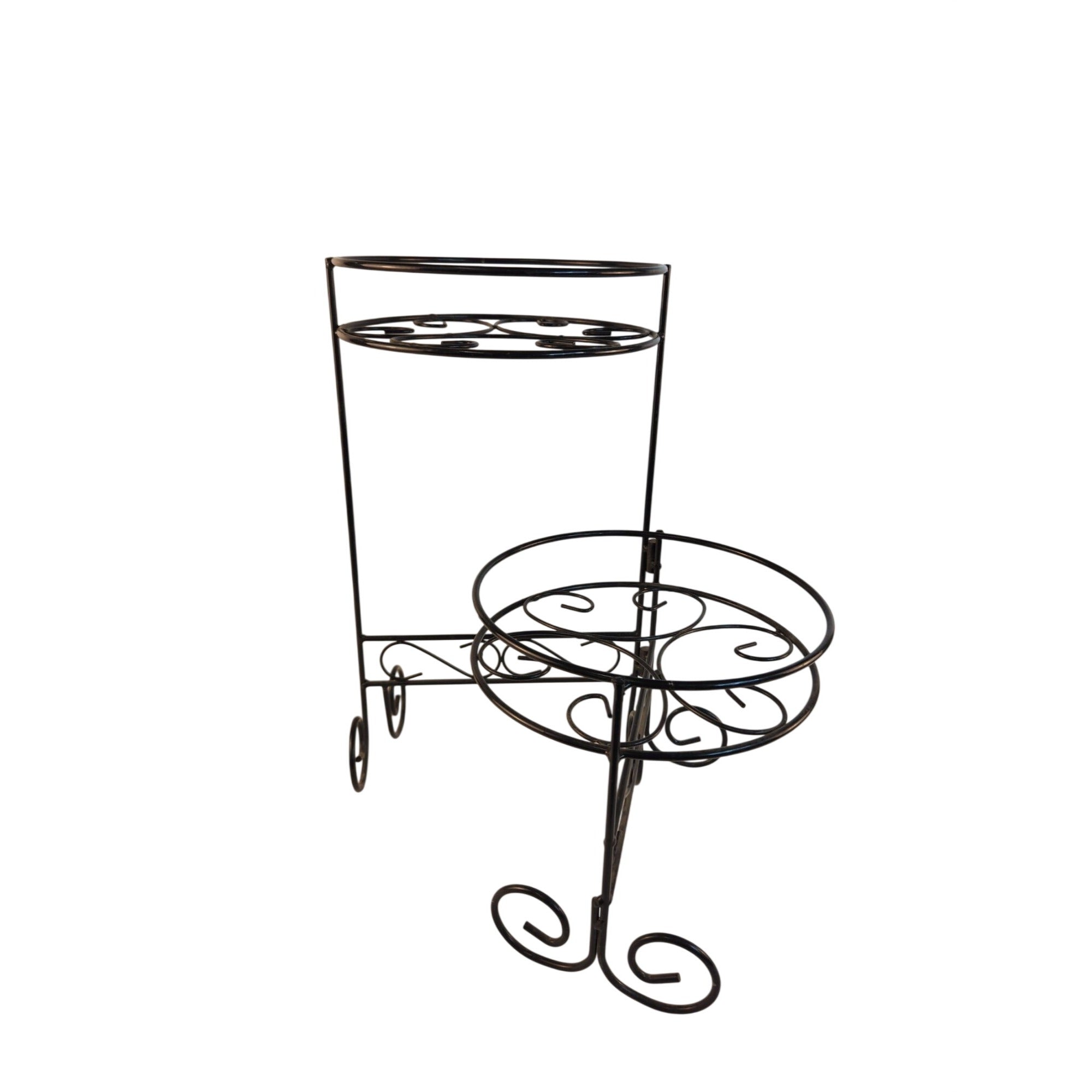 Black Metal Scrollwork 2-Tier Stand For Plants Or Food Display 16" Tall Sturdy Design