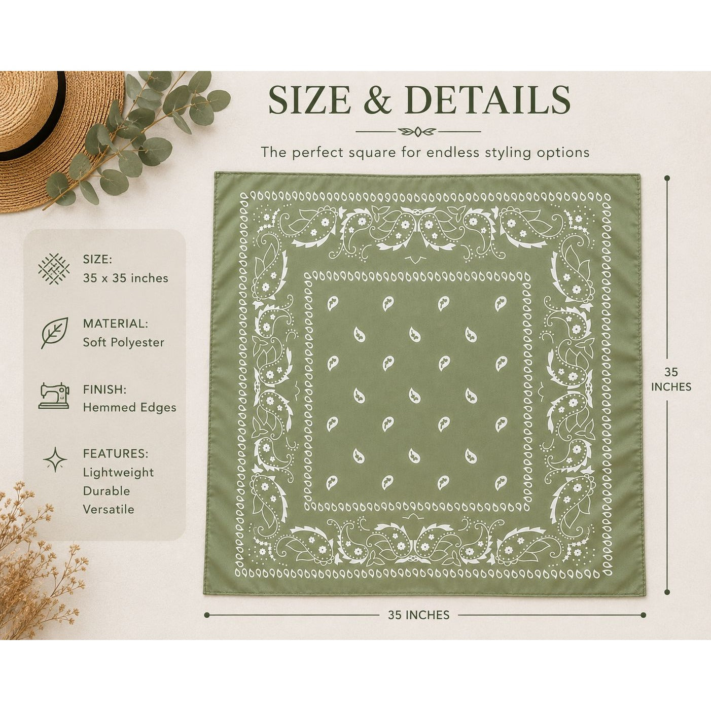 Green bandana with white patterns on a white surface with text detailing size, material, and features.