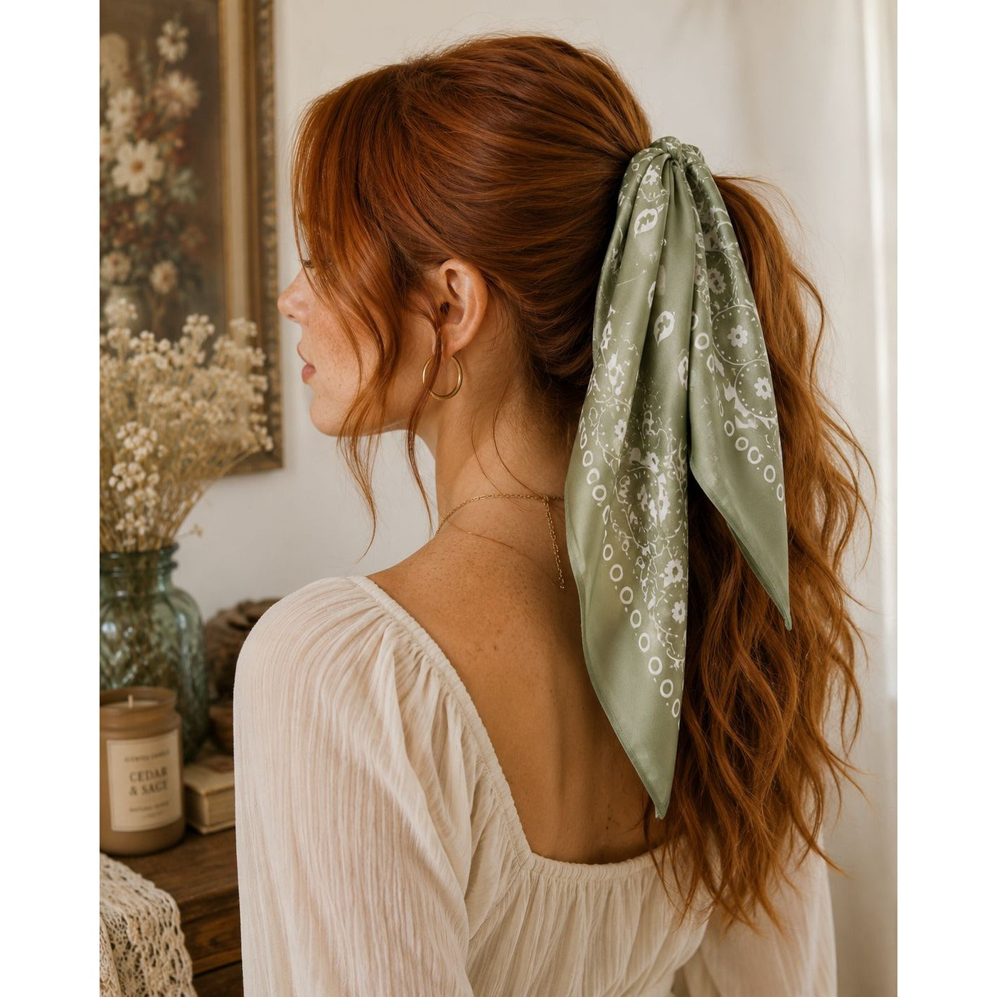 Sage Green Paisley Satin Scarf Square Wild Rag Head Neck Hair Wrap Bag Scarf Boho Western 35x35