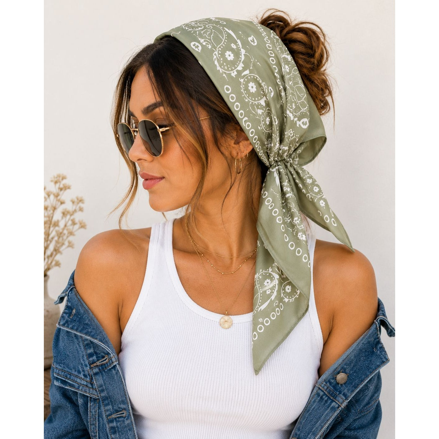 Sage Green Paisley Satin Scarf Square Wild Rag Head Neck Hair Wrap Bag Scarf Boho Western 35x35