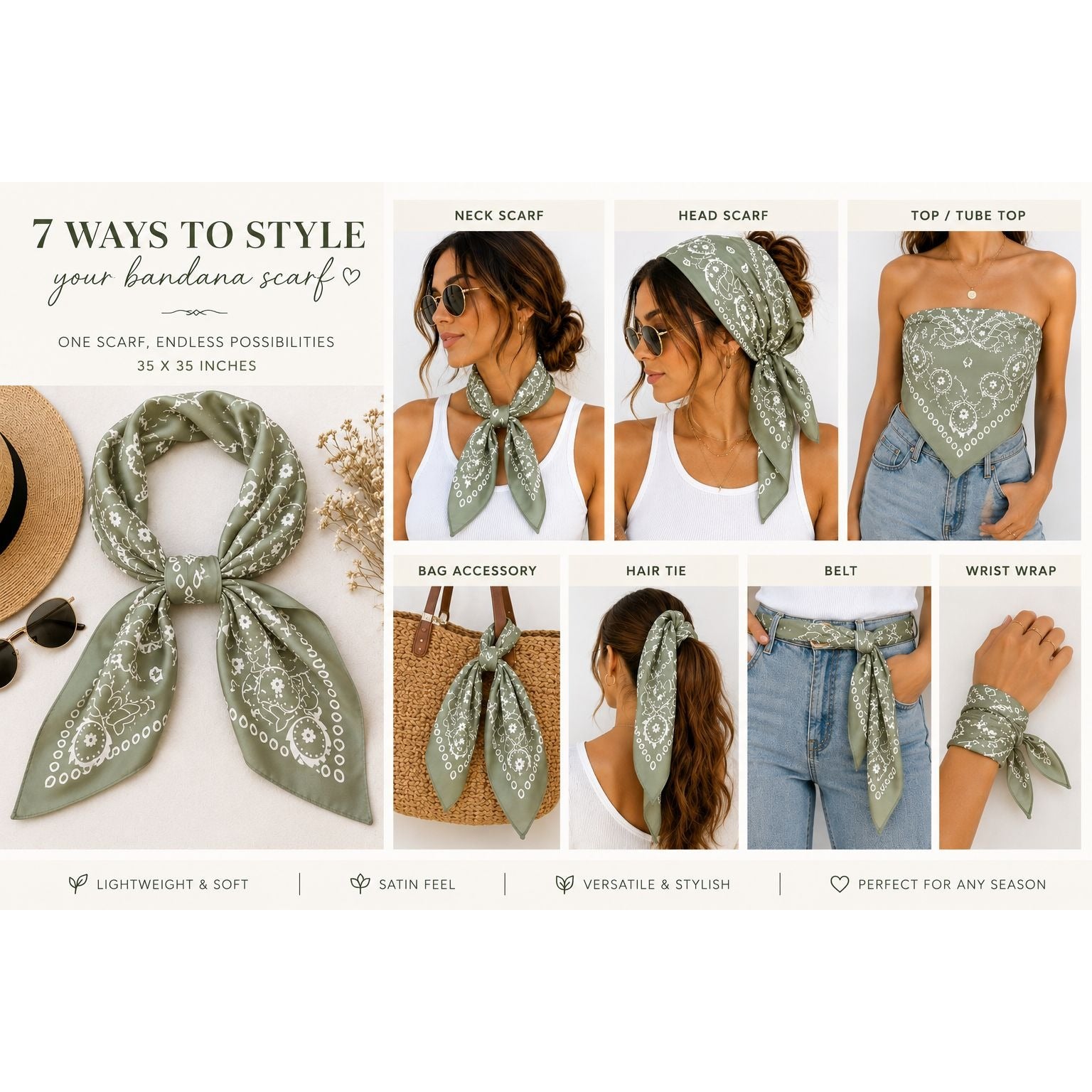 Sage Green Paisley Satin Scarf Square Wild Rag Head Neck Hair Wrap Bag Scarf Boho Western 35x35