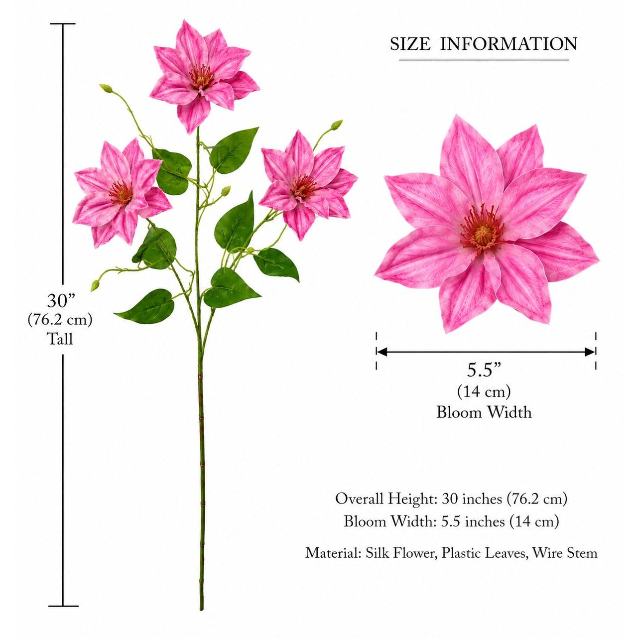 Measurement chart of pink flowers with dimensions and material details on a white background