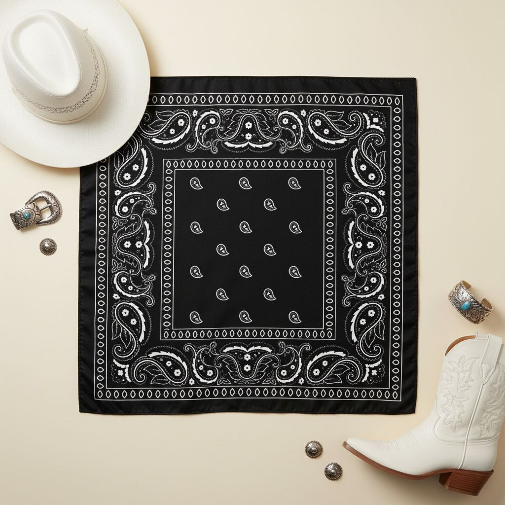 Black White Paisley Wild Rag Scarf, 35 x 35 Inch Satin Square