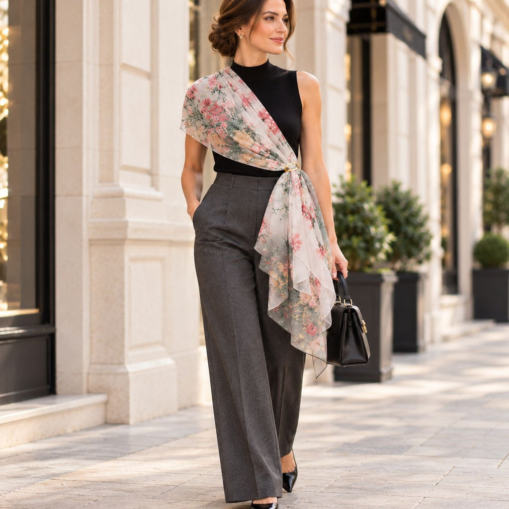 A woman walking on a city sidewalk wearing a black sleeveless mock-neck top, gray wide-leg trousers, and a sheer floral shawl draped over her shoulder. She is holding a black handbag.
